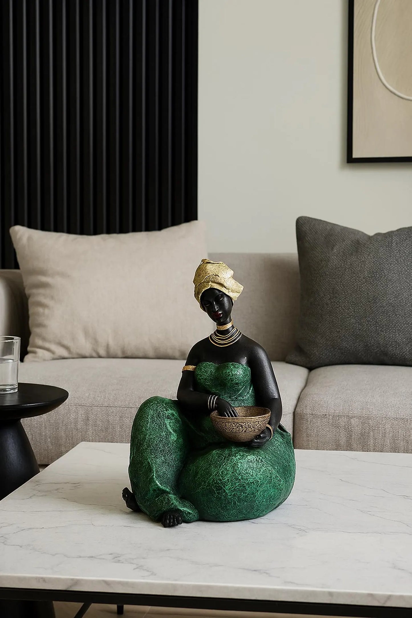 Handcrafted African Woman Figurine – Resin Tribal Sculpture with Bowl