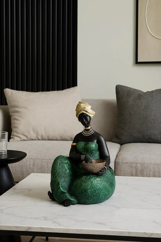Handcrafted African Woman Figurine – Resin Tribal Sculpture with Bowl